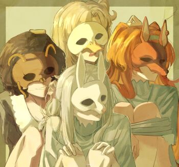 4girls aged_down black_hair blonde_hair border bug_mask child dog_mask dress duck_mask eye_mask facing_to_the_side green_background green_border grey_dress grey_hair grin hair_bun hands_on_own_knees highres hugging_own_legs knees_up layered_sleeves ling_(chaaaaanhikari) long_hair long_sleeves mask matilda_bouanich medium_hair multiple_girls one_side_up open_clothes orange_hair outside_border rabbit_mask reverse:1999 schneider_(reverse:1999) short_hair short_over_long_sleeves short_sleeves single_side_bun sitting smile sonetto_(reverse:1999) vertin_(reverse:1999) white_dress