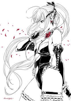 1girl bare_shoulders breasts commentary_request cross_hair_ornament dead_or_alive dead_or_alive_5 elbow_gloves expressionless fingerless_gloves frilled_leotard frilled_thighhighs frills gloves hair_ornament highleg highleg_leotard hiragoma leotard long_hair marie_rose monochrome parted_lips petals profile small_breasts solo spot_color thigh_strap thighhighs twintails very_long_hair