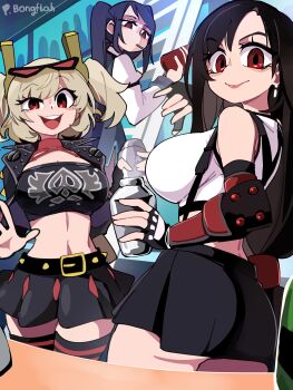 3girls absurdres artist_name ass bartender belt black_belt black_gloves black_jacket black_skirt black_thighhighs blonde_hair bongftah breasts burnice_white closed_mouth commentary crop_top cropped_jacket crossover earrings eyewear_on_head final_fantasy final_fantasy_vii final_fantasy_vii_remake fingerless_gloves gloves hair_ornament highres holding indoors jacket jewelry jill_stingray ladder large_breasts long_sleeves looking_at_viewer looking_back medium_hair multiple_crossover multiple_girls open_mouth purple_hair red_eyes skirt smile striped_clothes striped_thighhighs sunglasses symbol-only_commentary teeth thighhighs tifa_lockhart trait_connection two_side_up underbutt upper_teeth_only va-11_hall-a zenless_zone_zero