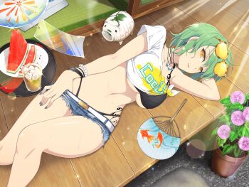 ! 1girl architecture belt bikini bikini_bottom_under_shorts bikini_under_clothes black_choker blue_nails bracelet breast_tattoo breasts choker cleavage clothes_pull crop_top cup denim drinking_glass east_asian_architecture eyewear_on_head flower food fruit game_asset gravel green_hair groin hand_fan hikage_(senran_kagura) hip_tattoo ice ice_cube incense_burner jeans jewelry kayari_buta large_breasts leaf lens_flare light_particles looking_at_viewer lying medium_hair nail_polish navel necklace object_request official_alternate_costume official_art on_side pants paper_fan parted_lips pearl_bracelet pink_flower plant plate porch potted_plant senran_kagura senran_kagura_new_link shiny_skin shirt short_hair short_shorts shorts shorts_pull slit_pupils snake_tattoo solo sparkle summer sunglasses swimsuit tatami tattoo thong_bikini tied_shirt torn_clothes torn_jeans torn_pants torn_shorts underboob veranda visual_novel_cg watermelon watermelon_seeds watermelon_slice white_belt white_shirt wind_chime yellow_eyes