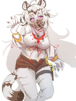 1girl ahoge animal_ears breasts brown_shorts cleavage commentary_request crop_top feet_out_of_frame furry furry_female hair_between_eyes hair_ornament hairclip hannah_(mahjong_soul) highres holster kuraizu large_breasts long_bangs long_hair looking_at_viewer mahjong_soul midriff mouth_veil navel open_fly open_mouth pink_eyes shirt short_shorts shorts simple_background smile solo tail thigh_holster tiger_ears tiger_girl tiger_tail veil very_long_hair white_background white_hair white_shirt