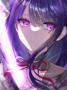 1girl blunt_bangs blurry blurry_background breasts bridal_gauntlets cleavage close-up closed_mouth collarbone commentary drawing_sword electricity genshin_impact glowing glowing_sword glowing_weapon hair_ornament head_tilt holding holding_sword holding_weapon human_scabbard japanese_clothes katana kimono long_hair looking_at_viewer looking_to_the_side mole mole_under_eye musou_isshin_(genshin_impact) neck_ribbon purple_eyes purple_hair purple_kimono raiden_shogun red_ribbon ribbon shaded_face siitake_kinono solo sword sword_between_breasts upper_body weapon