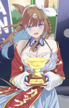 Rule 34 | 1girl, absurdres, almond eye (umamusume), animal ears, blue eyes, blue gloves, blue hair, blue skirt, blush, bow hairband, braid, breasts, brown hair, cleavage, colored inner hair, detached sleeves, fingerless gloves, gloves, hairband, highres, holding, holding trophy, horse ears, horse girl, horse tail, large breasts, looking at another, multicolored hair, open mouth, red shawl, shawl, shia0016, shirt, single braid, skirt, solo, tail, teeth, trophy, two-tone hair, umamusume, white hairband, white shirt