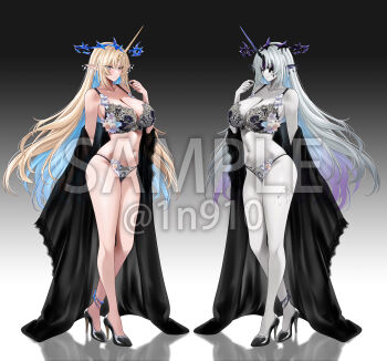 2girls bare_shoulders black_bra black_panties black_robe black_shoes blonde_hair blue_eyes blue_hair blue_nails blush bra breasts chinese_commentary cleavage closed_mouth clothes_down collarbone colored_skin commentary_request covered_eyes crown_of_thorns dark_persona dual_persona earrings fingernails fins fleurdelys_(wuthering_waves) floating_earrings gradient_background grey_background grey_hair grey_skin hand_up head_fins high_heels highres horns huge_breasts jewelry leviathan_(wuthering_waves) long_hair long_horns m_(1n910) multiple_girls nail_polish navel open_clothes open_robe panties pointy_ears purple_horns robe sample_watermark shoes sidelocks single_horn smile stomach tachi-e thighs twitter_username underwear very_long_hair watermark wuthering_waves yellow_horns