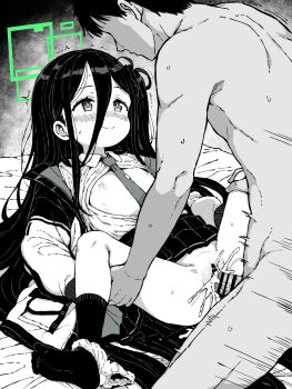 1boy 1girl aris_(blue_archive) bar_censor blue_archive blush censored closed_mouth clothes_lift collared_shirt commentary_request cum cum_in_pussy cum_overflow erection flat_chest green_halo hair_between_eyes halo hetero highres loli lying missionary necktie nipples on_back panties_around_one_ankle penis pussy rectangular_halo sex shirt skirt skirt_lift smile socks solo_focus textless_version vaginal yuuji_overall