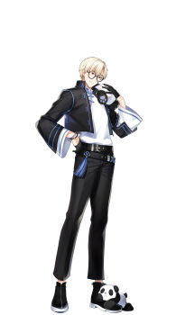 1boy absurdres animal animal_on_foot animal_on_shoulder belt black-framed_eyewear black_belt black_gloves black_jacket black_pants black_shoes blonde_hair bracelet clenched_teeth closers full_body glasses gloves hand_in_pocket hand_on_own_hip hand_up highres jacket jewelry legs_apart looking_down male_focus mandarin_collar official_art open_clothes open_jacket panda pants red_eyes round_eyewear shirt shirt_tucked_in shoes short_hair solo standing sweat tachi-e teardrop-framed_glasses teeth white_background white_shirt wide_sleeves wolfgang_schneider