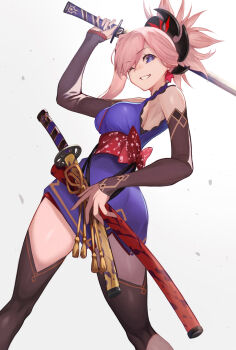 1girl absurdres asymmetrical_hair blue_eyes blue_kimono breasts commentary_request detached_sleeves earrings fate/grand_order fate_(series) genshu_doki highres japanese_clothes jewelry katana kimono large_breasts leaf_earrings long_hair looking_at_viewer looking_back miyamoto_musashi_(fate) miyamoto_musashi_(first_ascension)_(fate) one_eye_closed pink_hair ponytail sash short_kimono sideboob sleeveless sleeveless_kimono smile sword thighhighs weapon zettai_ryouiki
