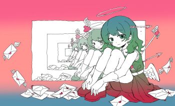 1girl arrow_(projectile) arrow_in_body arrow_in_head bike_shorts blood blood_drip bloody_weapon blue_background blush chill_(chill_meal) closed_mouth commentary dated_commentary dress earrings envelope full_body gloves gradient_background gradient_clothes gradient_dress gradient_hair green_dress green_eyes green_hair hands_on_own_feet highres iyowa_girls jewelry knees_to_chest letter loafers looking_at_viewer looking_to_the_side love_letter medium_hair multicolored_hair multiple_views object_through_head pink_background recursion red_dress red_shoes shoes sitting sleeveless sleeveless_dress smile socks tabun_owari_(vocaloid) tawari_(iyowa) weapon white_gloves white_socks