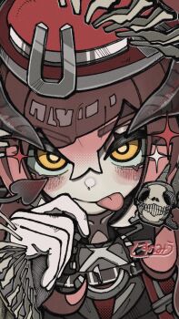 Rule 34 | 1girl, arknights, blush, bright pupils, closed mouth, commentary, commentary request, commission, demon girl, demon horns, demon tail, double-parted bangs, english commentary, gloves, hair between eyes, hand up, hat, highres, horns, large variant set, long hair, looking at viewer, mixed-language commentary, pink hair, pixiv commission, portrait, red hat, shisunomiunko, solo, sparkle, tail, tongue, tongue out, ulsulah (arknights), variant set, white gloves, white pupils, yellow eyes