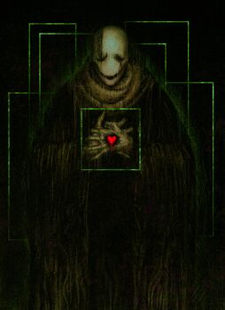 1boy 1other black_sclera blood blood_on_hands broken_heart cloak closed_eyes coat colored_sclera darkness evil_smile facing_viewer gameplay_mechanics heart highres hollow_eyes horror_(theme) limited_palette male_focus robe smile solo soul_(deltarune) srbt08 standing undertale utdr_(toby_fox) w.d._gaster