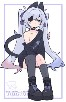 1boy animal_ears ankle_boots asymmetrical_legwear black_boots black_choker black_sweater blue_bow blue_eyes boots bow cat_boy cat_ears cat_tail choker collarbone commentary crossdressing crossdressing_(mtf) extra_ears eyepatch fish_skeleton fish_skeleton_print flipped_hair frown full_body grey_socks grey_tail grey_thighhighs hair_between_eyes hair_bow highres long_hair looking_at_viewer male_focus narrowed_eyes no_nose one_eye_covered op_na_yarou original oversized_clothes print_sweater rigel_(op_na_yarou) sidelocks simple_background single_bare_shoulder single_off_shoulder single_sock single_thighhigh sitting socks solo sweater tail thighhighs thighs trap uneven_legwear v_arms very_long_hair watermark white_background white_hair