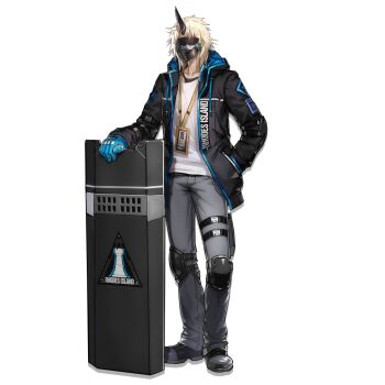 1boy arknights belt black_belt black_jacket blonde_hair blue_gloves faceless faceless_male full_body gloves hand_in_pocket hand_up hood hood_down hooded_jacket horns id_card jacket knee_pads lanyard long_sleeves male_focus mask masked noir_corne_(arknights) official_art open_clothes open_jacket rhodes_island_logo_(arknights) rhodes_island_uniform ryuuzaki_ichi shield simple_background single_horn solo standing tachi-e thigh_belt thigh_strap third-party_source transparent_background
