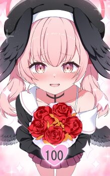 1girl :d absurdres angel angel_wings bare_shoulders black_choker black_wings blue_archive blush bouquet choker collarbone commentary commission crying fake_wings feathered_wings feathers flower hair_between_eyes halo happy_tears head_wings highres holding holding_bouquet koharu_(blue_archive) long_hair looking_at_viewer low_wings mini_wings nose_blush open_mouth pink_background pink_flower pink_hair pink_rose pink_wings pom_pom_(cheerleading) red_flower red_rose rose sen_chan_(akane1023) skeb_commission skirt smile solo sparkle sparkle_background tears twintails white_feathers white_wings wings