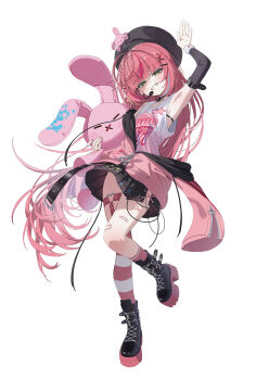 1girl absurdres armpits asymmetrical_legwear black_boots black_hat black_skirt boots commentary_request full_body green_eyes hanako_nana hand_up hat highres jacket knee_boots long_hair looking_at_viewer mirrorapo_yemp multicolored_hair open_clothes open_jacket open_mouth pink_hair shirt simple_background skirt smile socks solo standing stellive streaked_hair striped_clothes striped_socks striped_thighhighs thigh_strap thighhighs uneven_legwear very_long_hair virtual_youtuber white_background white_shirt