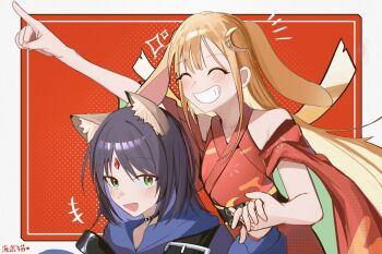 2girls animal_ear_fluff animal_ears arm_up black_choker black_hair blonde_hair border chinese_commentary choker chou_kaguya-hime! clothing_cutout commentary_request gem green_eyes haidao_mao highres holding_hands kaguya_(chou_kaguya-hime!) long_hair multiple_girls open_mouth outside_border rabbit_ears rabbit_girl red_eyes sakayori_iroha short_hair shoulder_cutout white_border