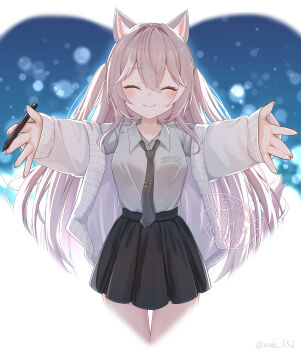 1girl animal_ears black_skirt breasts cardigan closed_eyes closed_mouth collared_shirt commentary_request grey_necktie grey_shirt heart highres holding holding_stylus incoming_hug indie_virtual_youtuber long_hair medium_breasts miniskirt mole mole_under_eye necktie open_cardigan open_clothes rade_(rade_552) shiranoi_hono shirt skirt sleeves_past_wrists smile solo straight-on stylus thigh_gap watermark white_cardigan