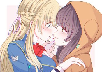 2girls asakura_karen_(heaven_burns_red) black_hair blonde_hair blue_jacket blush bow braid breasts commentary_request green_eyes half_up_braid heaven_burns_red highres hood hood_up hooded_jacket imminent_kiss jacket long_hair long_sleeves multiple_girls red_bow ribbon toujou_tsukasa tsuki_mi925 white_ribbon yellow_eyes yuri