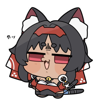 1girl animal_ear_fluff animal_ears barcode barcode_tattoo bell black_hair cable cable_tail cat_ears cat_girl cat_tail chibi chibi_only commentary_request corset facial_mark forehead_mark forehead_tattoo full_body hairband half-closed_eyes highres mechanical_tail multiple_tails neck_bell nekomiya_mana no_pupils open_mouth red_corset red_eyes red_hairband red_sleeves shinonome_nashi simple_background solo tail tattoo triangle triangle_facial_mark two_tails white_background zenless_zone_zero