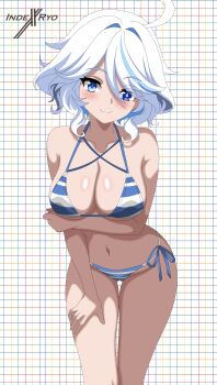Rule 34 | 1girl, absurdres, alternate breast size (larger), artist logo, bikini, blue bikini, blue eyes, blue hair, blush, breasts, closed mouth, eyebrows hidden by hair, furina (genshin impact), genshin impact, grid background, hair between eyes, heterochromia, highres, indexxryo, large breasts, leaning forward, logo, looking at viewer, medium hair, navel, paid reward available, shiny skin, smile, solo, stomach, striped bikini, striped clothes, swimsuit, symbol-shaped pupils