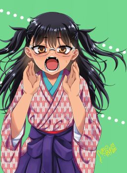 1girl alternate_universe artist_name black_hair brown_eyes comic_cover_redraw commentary_request derivative_work glasses green_background hakama hands_up highres ijiranaide_nagatoro-san japanese_clothes long_hair looking_at_viewer mao_bunny nagatoro_hayase open_mouth purple_hakama role_reversal solo spanish_commentary straight-on tan teeth textless_version two_side_up unmoving_pattern yagasuri