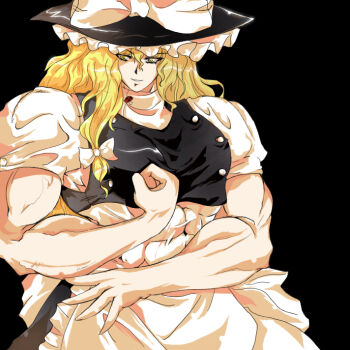 1girl alphes_(style) auer black_hat blonde_hair blouse cho_marisa female_focus hair_between_eyes hat kirisame_marisa muscular muscular_female parody ribbon shirt solo style_parody touhou white_shirt witch