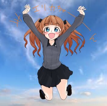 Rule 34 | 1girl, abimaru gup, black footwear, black skirt, blue eyes, blue sky, blush, brown hair, collarbone, collared shirt, commentary request, girls und panzer, girls und panzer phase erika, grey shirt, highres, jumping, kuromorimine school uniform, long hair, long sleeves, miniskirt, orange hair, rou leila, school uniform, shirt, skirt, sky, smile, translation request, twintails