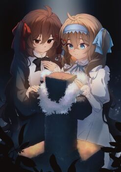 Rule 34 | 2girls, ahoge, black dress, blue eyes, blue hairband, blue ribbon, broken heart, broken heart hair ornament, closed mouth, commentary, cowboy shot, cross, dress, evil neuro-sama, from side, hair between eyes, hair ornament, hair ribbon, hairband, heart, heart hair ornament, kasoke308, long hair, long sleeves, multiple girls, neck ribbon, neuro-sama, puffy long sleeves, puffy sleeves, red eyes, red ribbon, ribbon, siblings, sisters, smile, symbol-only commentary, tombstone, twins, vedal ai, virtual youtuber, white dress