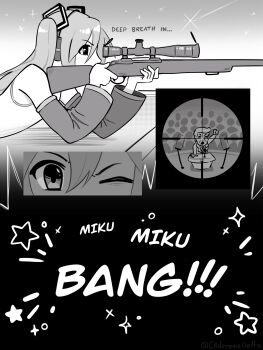 1boy 1girl 2024_attempted_assassination_of_donald_trump absurdres aiming delta donald_trump firing greyscale gun hatsune_miku highres holding holding_gun holding_weapon implied_murder meme miku_miku_beaaaam!!_(meme) monochrome one_eye_closed politician rifle scope sniper_rifle weapon