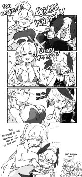 4girls 4koma @_@ bikini blue_archive blush breasts comic english_text greyscale halo head_wings highres kinzaibatsu91 koharu_(blue_archive) large_breasts leotard mika_(blue_archive) monochrome multiple_girls nude swimsuit wings