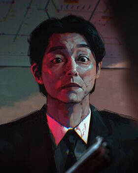 1boy art_study black_eyes black_hair black_necktie black_suit blood blood_on_clothes blood_on_face blood_on_neck closed_mouth commentary english_commentary formal_clothes gun handgun highres indoors looking_at_viewer male_focus multiple_boys necktie revolver s&amp;w_model_19 sam_yang short_hair solo squid_game suit the_salesman_(squid_game) weapon