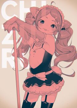 1girl :p ahoge armpits bare_shoulders blush bow character_name closed_mouth cowboy_shot dot_nose dress elbow_gloves gloves grey_background hair_bow hair_ornament hairclip henreader highres kyou_kara_ore_wa_loli_no_himo! long_hair looking_at_viewer maid_headdress monochrome outstretched_arms rabbit_tail red_theme sleeveless solo tail tanzawa_chizuru tareme thighhighs tongue tongue_out twintails white_background zettai_ryouiki