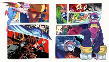 4girls 6+boys 6+girls absurdres after_battle anakaris animal_hands animal_print antennae armor arthropod_girl b.b._hood baggy_pants bat_print bat_wings beffen_m bishamon_(darkstalkers) blonde_hair blue_skin boots breasts bridal_gauntlets cat_girl chinese_clothes claws cleavage cleavage_cutout clothing_cutout colored_skin darkstalkers demitri_maximoff demon_girl fangs felicia_(darkstalkers) glowing glowing_eyes green_hair gun hat head_wings helmet highres hood hsien-ko japanese_armor jiangshi jon_talbain kabuto_(helmet) kicking large_breasts leotard lilith_(darkstalkers) lord_raptor medium_breasts merfolk mermaid merman monster_boy monster_girl morrigan_aensland multiple_boys multiple_girls mummy ninja ofuda open_mouth pants pantyhose print_pantyhose purple_hair q-bee qingdai_guanmao red_eyes rikuo_(darkstalkers) samurai sasquatch_(darkstalkers) short_hair smile spikes sword teeth vampire victor_von_gerdenheim weapon werewolf wings wolf_boy zombie