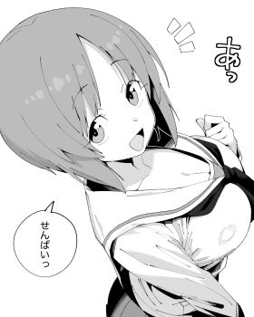 1girl :d breasts cleavage collarbone commentary_request girls_und_panzer greyscale henyaan_(oreizm) highres large_breasts long_sleeves looking_at_viewer monochrome neckerchief nishizumi_miho ooarai_school_uniform open_mouth school_uniform short_hair simple_background smile solo speech_bubble translation_request white_background