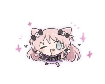 1girl arms_up bang_dream! bang_dream!_it&#039;s_mygo!!!!! black_bow bow chihaya_anon commentary cone_hair_bun earrings fang grey_eyes hair_bow hair_bun heart heart_earrings jewelry long_hair m_(226mmy) one_eye_closed open_mouth pink_hair sanrio simple_background solo white_background