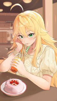 1girl absurdres ahoge blonde_hair closed_mouth cup dessert drink drinking drinking_straw fingernails food green_eyes hand_on_own_face highres holding holding_cup hoshii_miki idolmaster idolmaster_(classic) indoors light_particles long_fingernails long_hair looking_at_viewer short_sleeves sitting solo sweater table yaki_tai