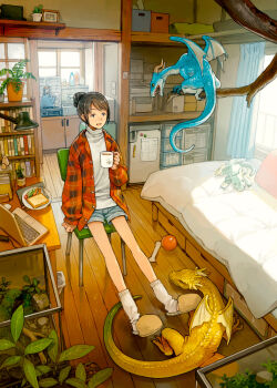 1girl ball bed bedroom blue_scales bone book bookshelf branch breasts brown_hair cabinet chair coffee_mug commentary computer cup curtains day denim denim_shorts dragon file_cabinet food green_scarf hair_bun highres holding holding_cup indoors kitchen laptop large_breasts medium_hair mug on_chair original plaid_clothes plaid_shirt plant plate potted_plant refrigerator scarf shirt short_shorts shorts single_hair_bun slice_of_life slippers small_dragon socks solo sunlight teapot terrarium turtleneck white_shirt white_socks window wooden_floor yellow_scales yellow_slippers yoshida_seiji