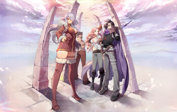 2boys 2girls ammunition_belt bare_arms bare_shoulders beard belt big_nose black_arm_warmers black_boots black_shoes black_sleeves blue_eyes blush boots bread breasts brown_belt brown_boots brown_eyes brown_facial_hair brown_gloves brown_hair brown_pants brown_shirt brown_shoes brown_sleeves caesty character_request cleavage cloud cloudy_sky clovis_lilburne collared_shirt commentary company_name copyright_notice crossed_arms dated_commentary detached_sleeves english_commentary eyepatch facial_hair food frown full_beard full_body fur-trimmed_boots fur-trimmed_jacket fur_sleeve_cuffs fur_trim gem gloves grey_eyes grey_hair grey_pants grey_shirt gun hand_on_own_hip holding holding_gun holding_weapon jacket jewelry jinapa knee_boots large_breasts leg_belt legs_apart lens_flare long_hair looking_at_viewer medium_breasts multiple_boys multiple_girls narrow_waist navel necktie nexon official_art pants partially_open_shirt partially_unbuttoned pendant pigeon-toed purple_scarf red_gemstone rifle scarf shirt shoes short_hair single_hair_streak skinny sky sleeve_cuffs sleeveless sleeveless_shirt split_mouth standing stone_floor straight_hair tales_weaver thick_eyebrows thigh_boots twisted_torso ulrich_(tales_weaver) watermark wavy_hair weapon weapon_request web_address white_belt white_hair white_shirt white_sleeves wing_collar