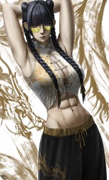 1girl abs absurdres alternate_breast_size_(larger) alternate_costume alternate_hairstyle armpits arms_behind_back arms_up black_hair blue_eyes braid breasts center_opening closed_mouth cowboy_shot double_bun drawstring ear_piercing expressionless hair_bun hair_over_breasts highres hololive hololive_english huge_breasts lips long_hair looking_at_viewer looking_over_eyewear midriff navel ouro_kronii pale_skin pants piercing red_lips side_braids solo steb stomach sunglasses taut_clothes taut_vest tinted_eyewear toned toned_female twin_braids very_long_hair vest virtual_youtuber yellow-tinted_eyewear