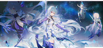 1girl absurdres bare_shoulders closed_eyes closed_mouth dress expressionless genshin_impact hair_between_eyes hair_ornament highres holding holding_sword holding_weapon long_hair looking_down multiple_views parted_lips qianqianjie red_eyes skirk_(genshin_impact) skirk_(young)_(genshin_impact) star_(sky) starry_sky_background sword very_long_hair weapon white_dress white_hair