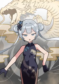 Rule 34 | 1girl, absurdres, alternate eye color, alternate hair color, black dress, black gloves, blue archive, butterfly hair ornament, china dress, chinese clothes, commentary request, commission, cowboy shot, double bun, dragon, dragon print, dress, eastern dragon, gloves, grey eyes, grey hair, grey halo, hair between eyes, hair bun, hair ornament, halo, highres, karakuri circus, kisaki (blue archive), looking at viewer, pelvic curtain, pixiv commission, print dress, puppet strings, short hair, side slit, sidelocks, simple background, sleeveless, sleeveless dress, solo, standing, twintails, washin