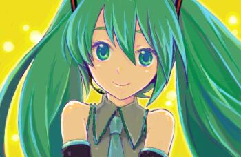 Rule 34 | 1girl, aqua eyes, aqua hair, bad drawr id, bad id, bare shoulders, blue necktie, closed mouth, hair between eyes, hatsune miku, headset, long hair, necktie, saikachi (ogre tree), smile, solo, twintails, upper body, vocaloid, yellow background