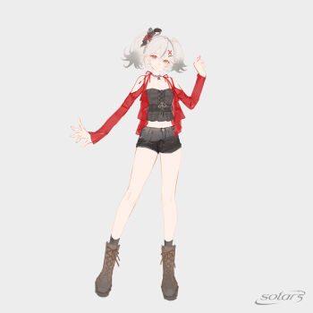1girl alternate_costume black_ribbon black_shirt black_shorts boots breasts brown_boots camellya_(wuthering_waves) closed_mouth clothing_cutout crop_top full_body grey_eyes guest_art hair_ribbon hand_up highres jacket logo midriff red_jacket ribbon satsuya shirt short_hair short_twintails shorts shoulder_cutout small_breasts smile solo standing twintails wuthering_waves