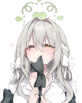 absurdres blue_archive bow bowtie braid commentary_request diagonal-striped_bow diagonal-striped_bowtie diagonal-striped_clothes flower_halo green_bow green_bowtie green_halo hair_ribbon halo hazel_eyes heart heart-shaped_pupils heart_in_eye highres miyo_(blue_archive) ribbon ribbon_braid ryo_(ryo_skrdi) striped_bow striped_bowtie striped_clothes sweat symbol-shaped_pupils symbol_in_eye