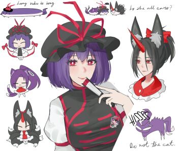 Rule 34 | ..., 3girls, animal ear piercing, animal ears, aroevela, black hair, black hat, black tabard, bright pupils, cat, cat ears, cat girl, chen, chen (cosplay), commentary, cosplay, dress, english commentary, english text, fox ears, fox girl, fox tail, gap (touhou), hat, hat ribbon, horns, konngara (touhou), long hair, meira (touhou), mob cap, multiple girls, multiple tails, nagae iku, ponytail, purple hair, red eyes, red tabard, ribbon, short hair, simple background, single horn, spoken ellipsis, sukusuku hakutaku, tabard, tail, touhou, two tails, upper body, white background, white dress, white pupils, yakumo ran, yakumo ran (cosplay), yakumo yukari, yakumo yukari (cosplay)