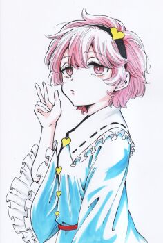 Rule 34 | 1girl, blue shirt, buttons, closed mouth, commentary request, expressionless, frills, from side, hairband, hand up, heart button, highres, komeiji satori, long sleeves, pink eyes, pink hair, puffy sleeves, s590220, shirt, short hair, solo, touhou, traditional media