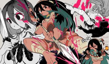 1boy 1girl areola_slip ass bandaged_leg bandages barefoot bead_necklace beads black_eyes black_hair blood blush breasts colored_inner_hair commentary coughing dark-skinned_female dark_skin detached_sleeves dreamcatcher faceless faceless_male feathers feet floating_hair fringe_trim gashi-gashi green_hair green_nails grey_background hair_between_eyes hair_tubes hairband highres holding holding_knife holding_polearm holding_smoking_pipe holding_weapon jewelry kicking knife large_breasts long_hair long_hair_between_eyes long_sidelocks looking_at_viewer low-tied_sidelocks motion_blur motion_lines multicolored_hair nail_polish native_american necklace original partially_colored polearm poncho pubic_hair pubic_hair_peek sidelocks simple_background skirt smoking_pipe spear stomach teeth thigh_strap toenail_polish toenails translation_request weapon