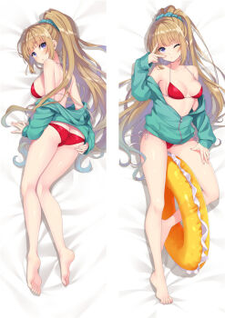 Rule 34 | 1girl, aqua scrunchie, ass, barefoot, bed sheet, bikini, blonde hair, blue eyes, blue jacket, blunt bangs, breasts, butt crack, commentary request, dakimakura (medium), from above, full body, hair ornament, hair scrunchie, hand on own ass, jacket, karuizawa kei, long hair, long sleeves, looking at viewer, lying, medium breasts, moeanime, multiple views, off shoulder, on back, open clothes, partially unzipped, ponytail, red bikini, scrunchie, sideboob, smile, string bikini, swimsuit, v, v over eye, youkoso jitsuryoku shijou shugi no kyoushitsu e