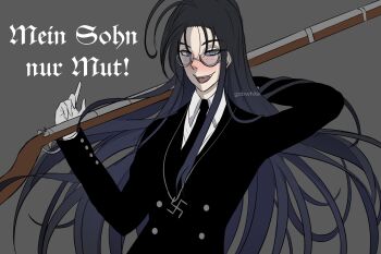 1girl ahoge black_hair check_translation commentary english_commentary formal_clothes freckles gabwhite german_text glasses grey_eyes gun hellsing holding jewelry long_hair musket necklace necktie rip_van_winkle_(hellsing) smile solo suit swastika swastika_necklace teeth translation_request very_long_hair weapon