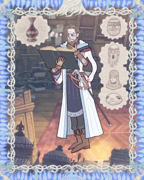 1boy absurdres albinauric_(elden_ring) beard bibuo bird book book_stack boots border brown_hair cane carpet commentary_request eagle elden_ring elden_ring_nightreign facial_hair flat_color full_body gloves hair_over_one_eye highres latenna_the_albinauric monocle potion reading robe scholar_(elden_ring) solo_focus speech_bubble standing thinking thought_bubble white_robe