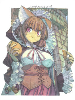 1girl animal_ears bag blouse blush bodice border bow breasts brown_corset brown_hoodie chips_(food) commentary_request corset eyeshadow food fox_ears fox_girl frilled_hood frilled_sleeves frills from_below highres holding_bread holding_potato hood hoodie makeup making-of_available marker_(medium) medium_breasts meiz original outdoors outline painting_(medium) pink_eyes plastic_bag potato_chips red_bow red_eyeshadow red_lips shikishi shirt smile solo traditional_media watercolor_(medium) white_border white_outline white_shirt